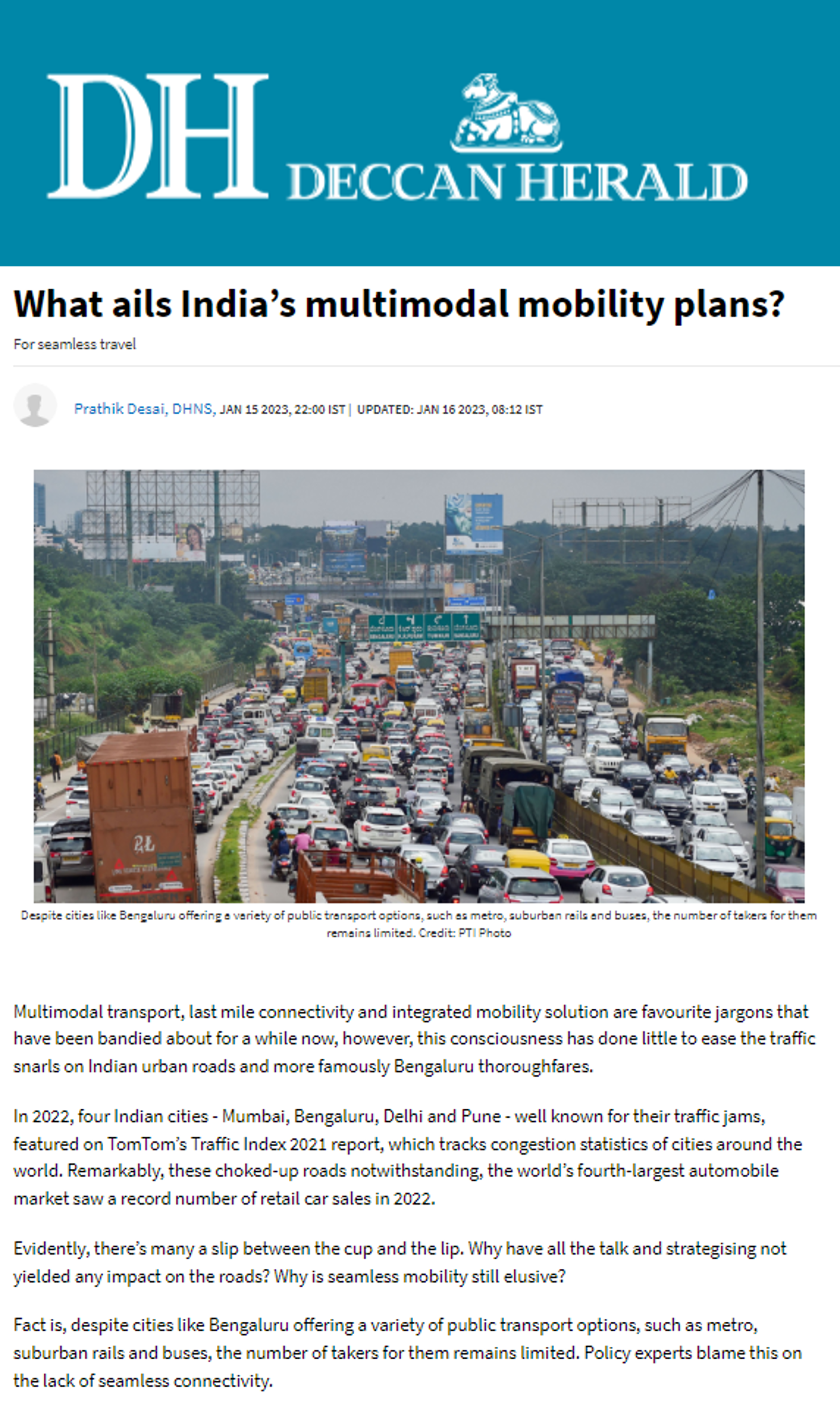 Spurthi Ravuri quoted by the Deccan Herald on strategies for implementing multimodal transport